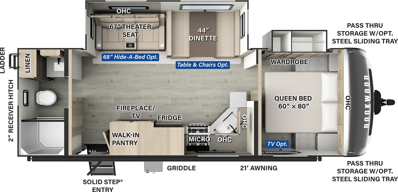 The Rockwood Ultra Lite Travel Trailers 2606WS has one entry and two slide outs. Exterior features include: fiberglass exterior and 21' awning. Interiors features include: free-standing dinette option, front bedroom and rear bathroom.